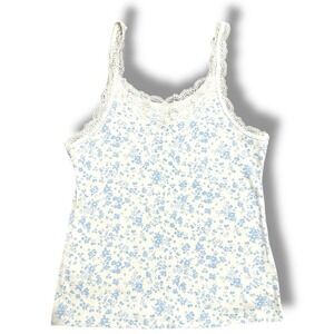 Cream Blue Ditsy Floral Lace Trim Cami Tank Top Junior's L Coquette Cottagecore